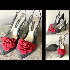 BEVERLY FELDMAN Grey Tweed Rose Pumps